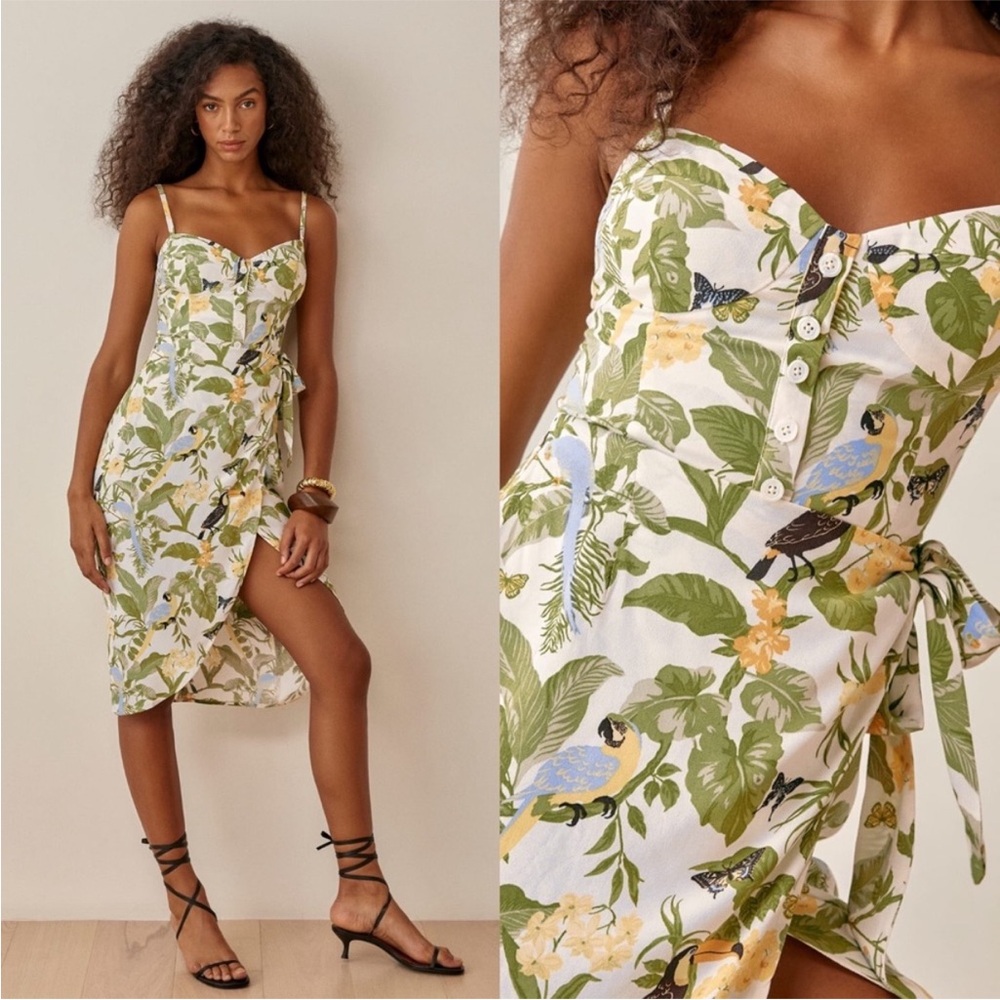 Reformation Dress Rianne MIDI Front Tie in Tropics Green